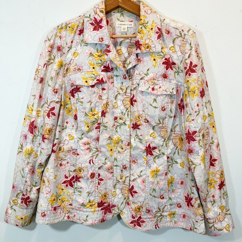 COLDWATER CREEK Blue Floral Cottagecore Cotton Jacket Oversized Buttons Size 18W